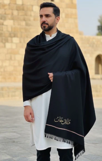Embroidery Customize Name Wool Shawl – Black