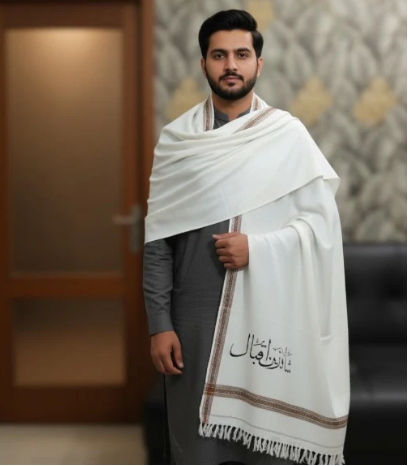 Embroidery Customize Name Wool Shawl – White